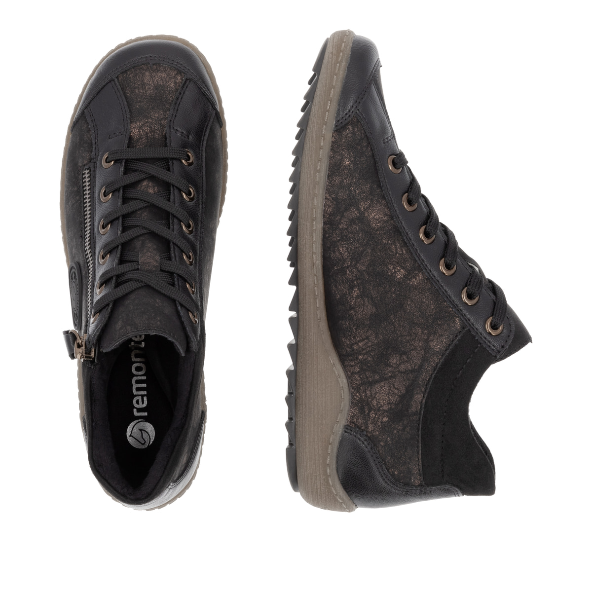 Schwarz-bronzene remonte Damen Schnürstiefel R1477-90 mit einem Reißverschluss. Schuh von oben, liegend.