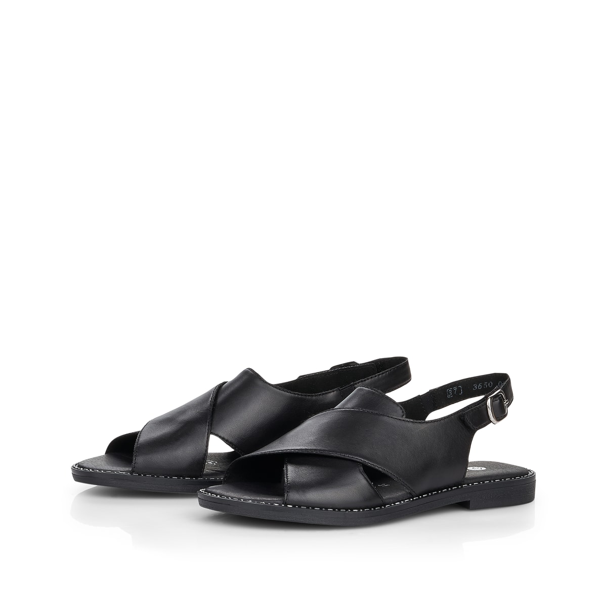 Tiefschwarze remonte Damen Riemchensandalen D3650-01 mit Klettverschluss. Schuhpaar seitlich schräg.