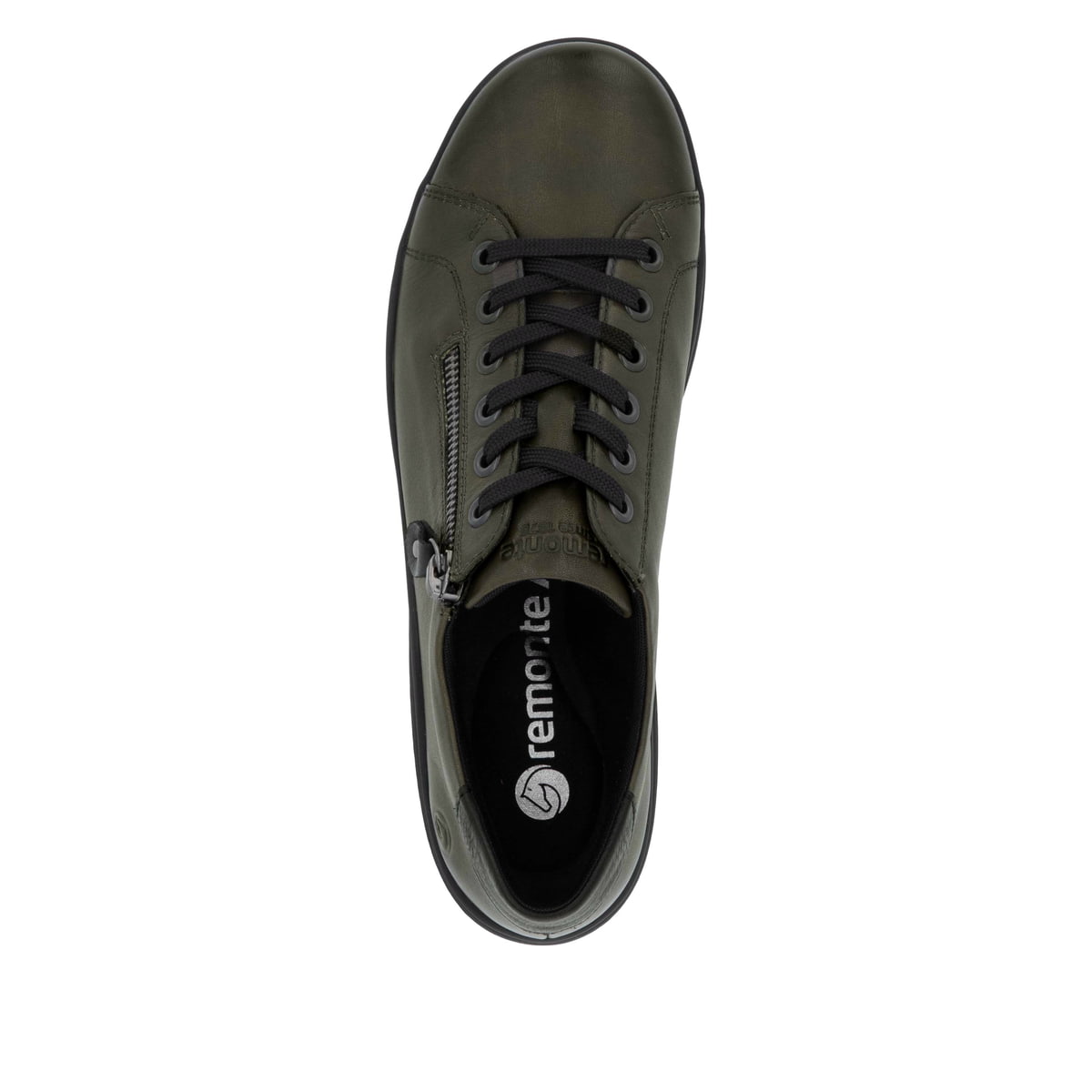 Grünschwarze remonte Damen Schnürschuhe D1E03-53 mit einem Reißverschluss. Schuh von oben.