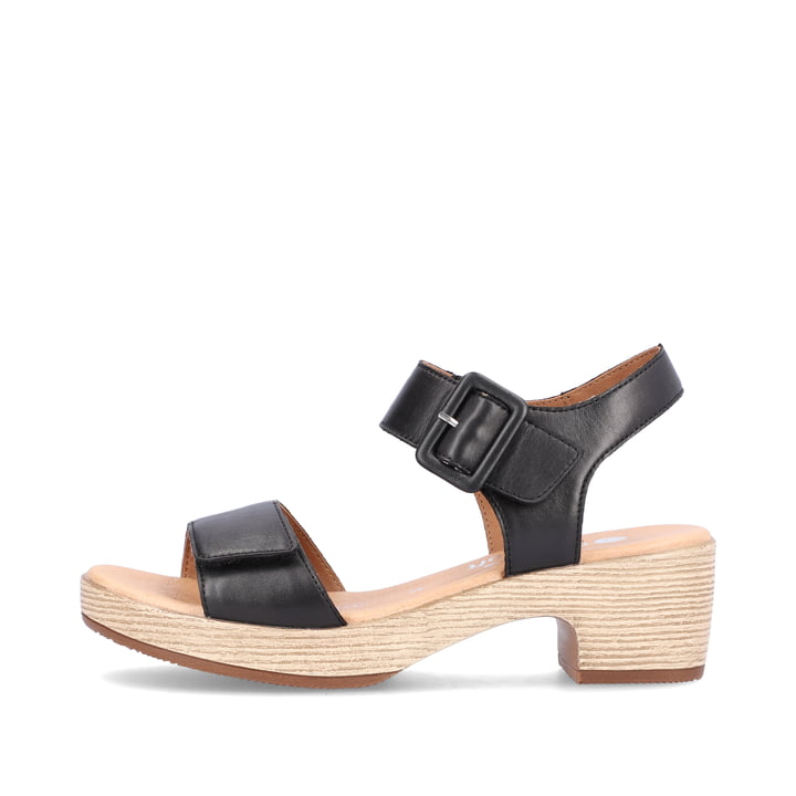 
Asphaltschwarze remonte Damen Riemchensandaletten D0N52-00 mit einem Blockabsatz. Schuh Außenseite