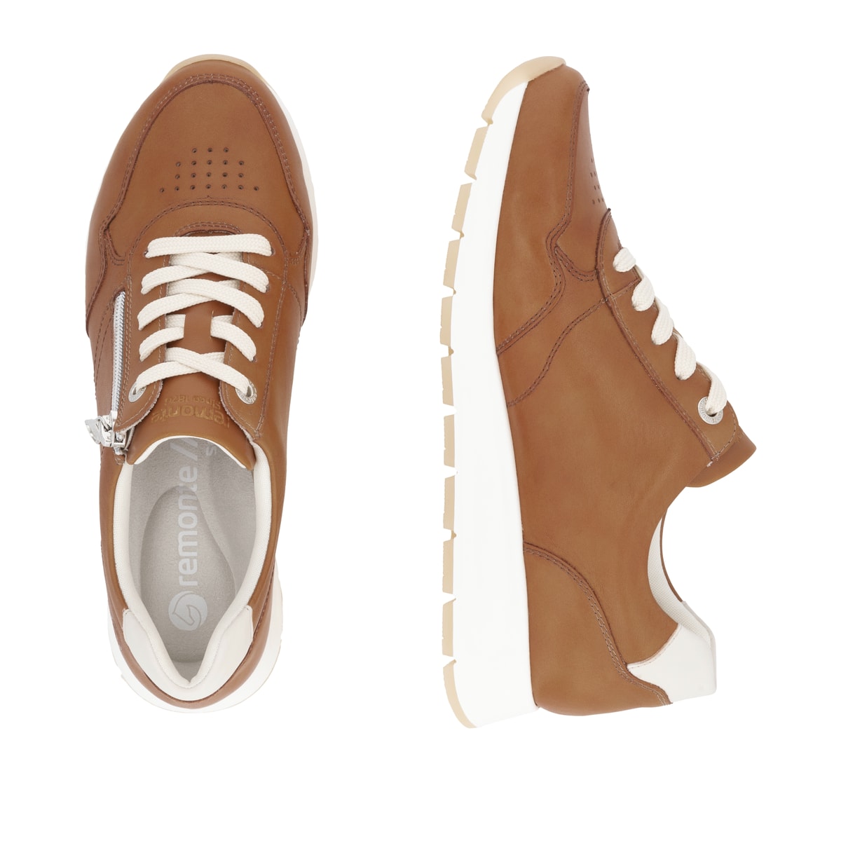 Braune remonte Damen Sneaker Low D2G01-20 mit einem Reißverschluss. Schuh von oben, liegend.