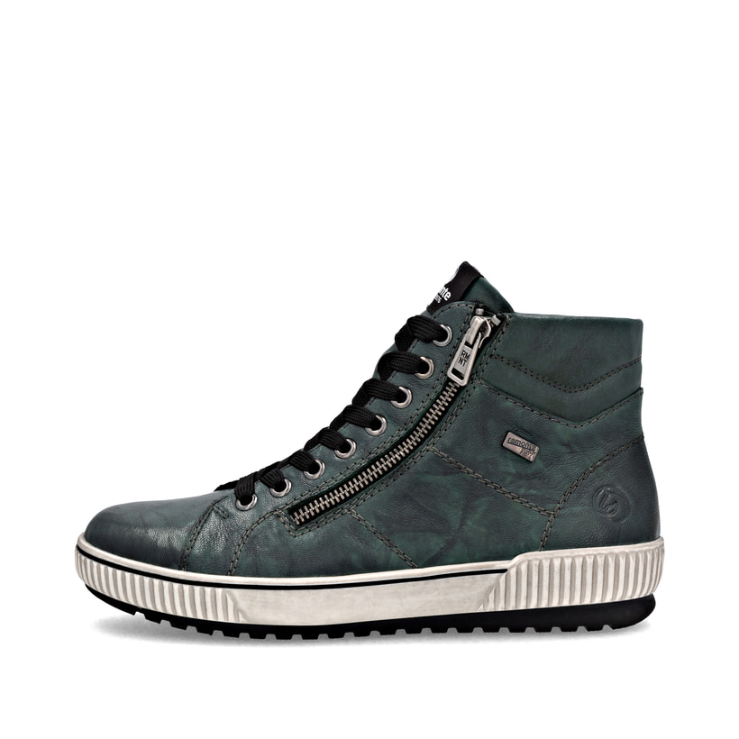 Olivgrüne remonte Damen Schnürstiefel D0772-54 mit wasserabweisender TEX-Membran. Schuh Außenseite.