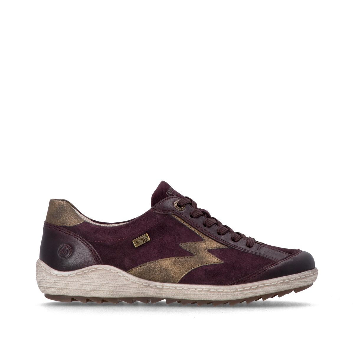 Weinrot-bronzene remonte Damen Schnürschuhe R1443-35. Schuh Außenseite gespiegelt.