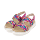 Mehrfarbige vegane remonte Riemchensandalen D2K52-90 mit einem Klettverschluss. Schuhpaar seitlich schräg.