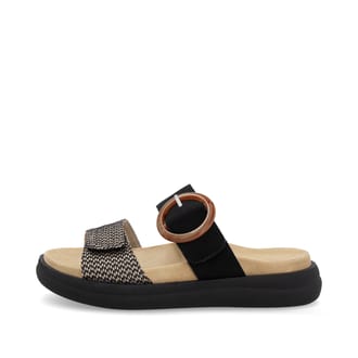 Schwarze remonte Damen Pantoletten D2N51-03 mit einem Klettverschluss. Schuh Außenseite.