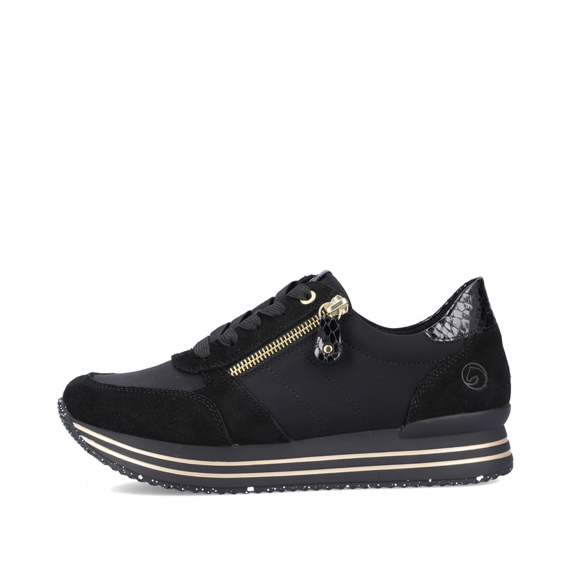 Nachtschwarze remonte Damen Sneaker D1316-01 mit einer flexiblen Plateausohle. Schuh Außenseite