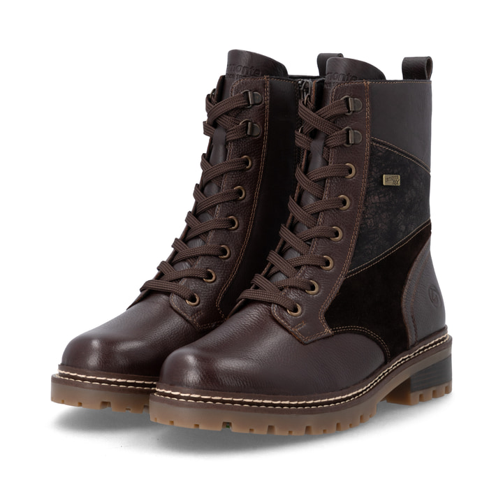 Dunkelbraune remonte Damen Schnürstiefel D0B84-25. Schuhpaar seitlich schräg.