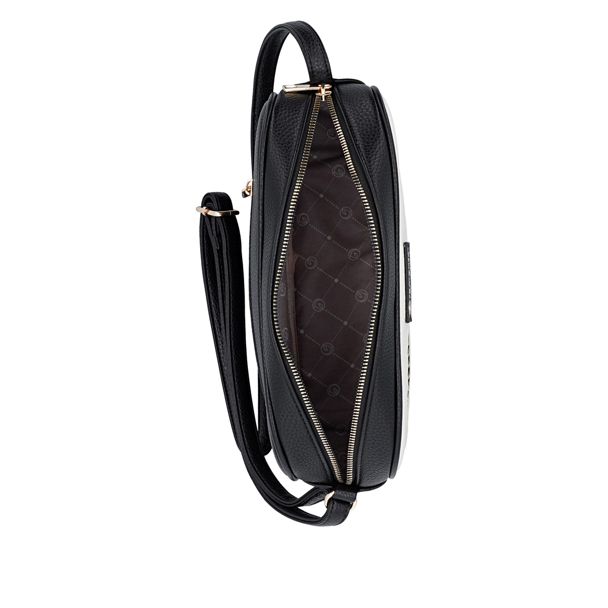 Sac à main remonte Q0668-01 noir avec détails dorés et fermeture éclair. Ouvert.