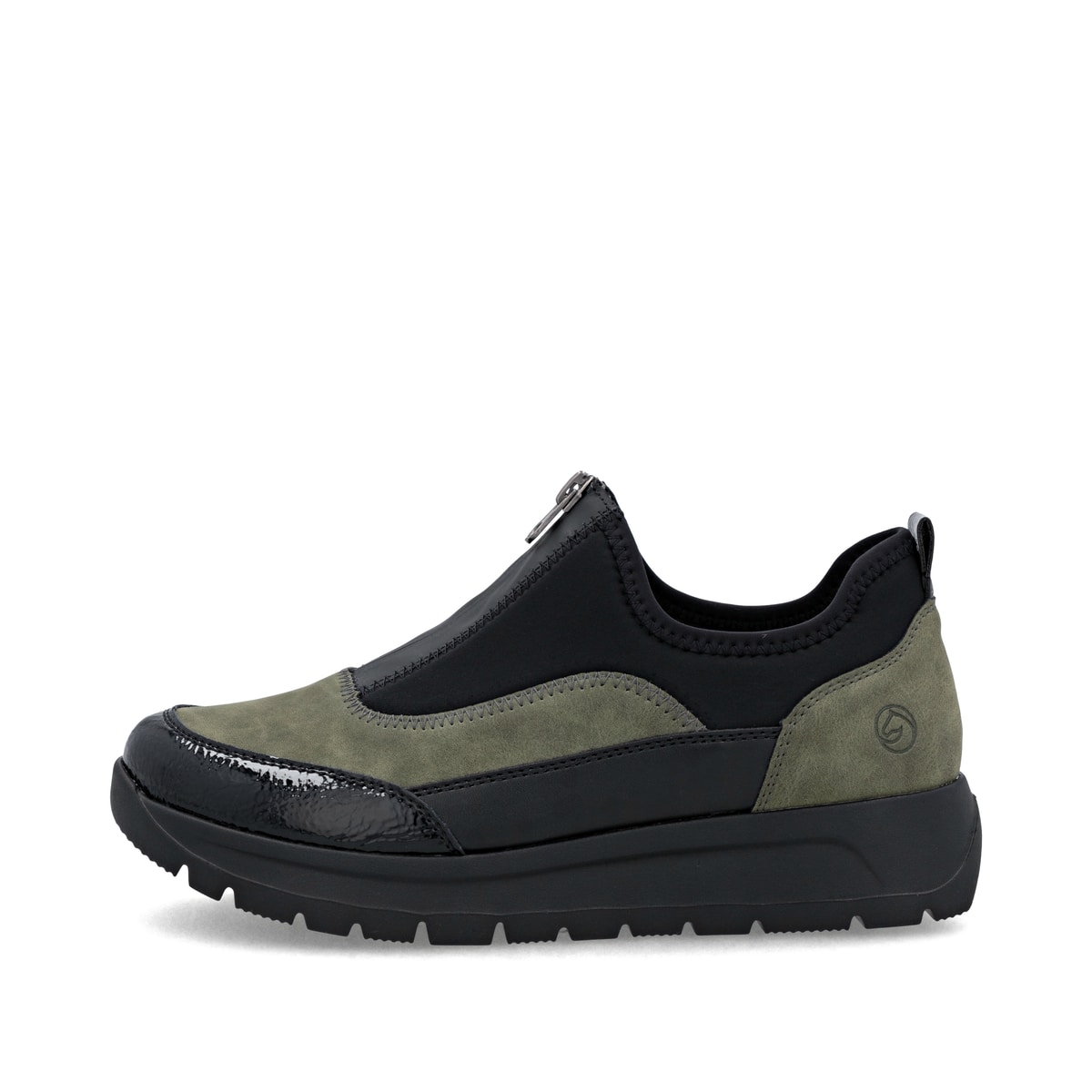 Schwarze remonte Damen Slipper D2V01-03 mit Reißverschluss sowie Extraweite H. Schuh Außenseite.