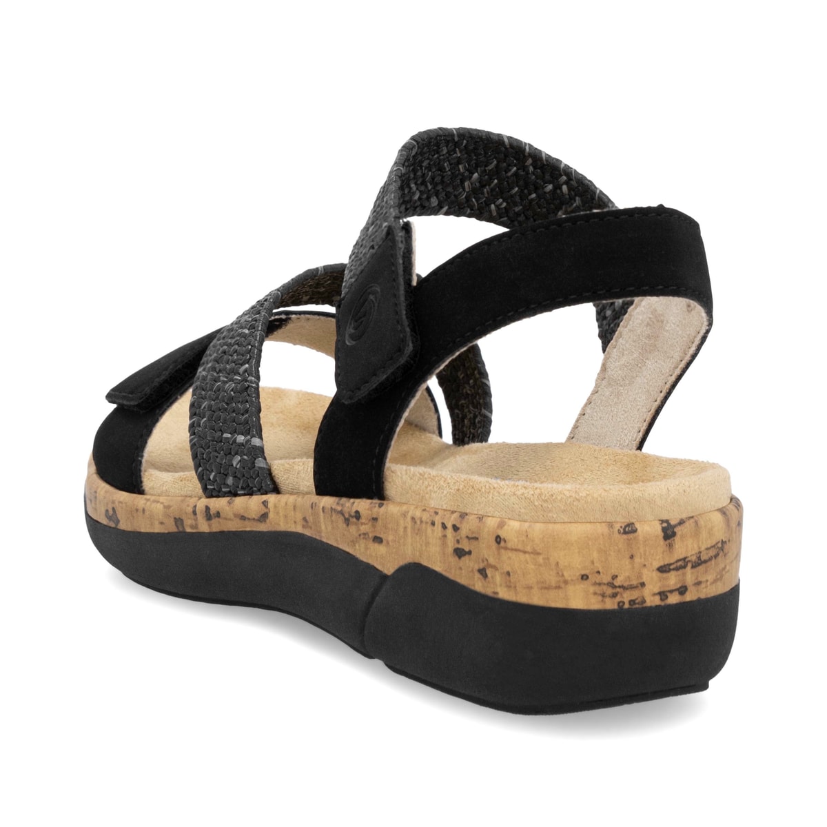 Schwarze remonte Riemchensandalen R6861-02 mit einem Klettverschluss. Schuh von hinten.