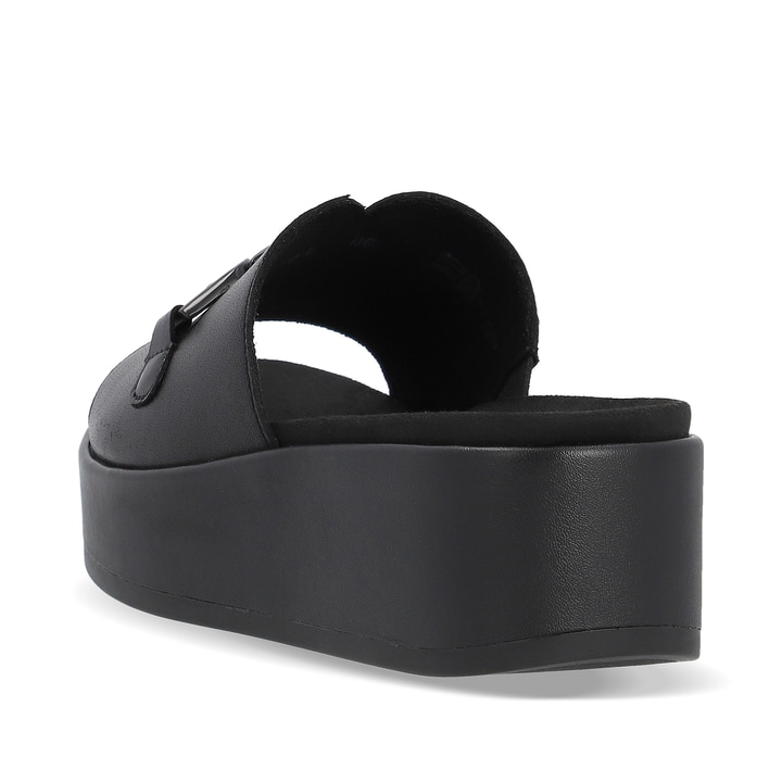 Mitternachtsschwarze remonte Damen Pantoletten D1N51-00 mit stylischer Kette. Schuh von hinten.