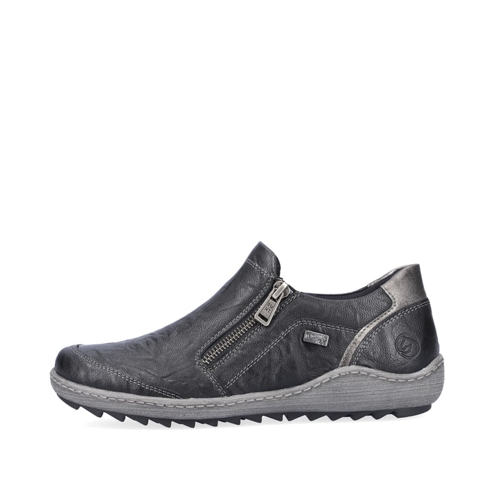 
Graphitschwarze remonte Damen Slipper R1428-03 mit einer dämpfenden Profilsohle. Schuh Außenseite