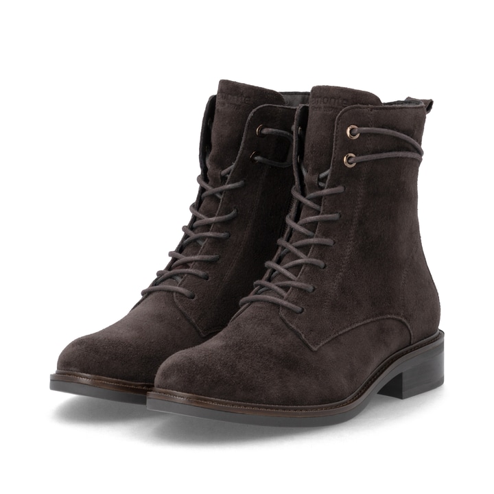 Dunkelbraune remonte Damen Schnürstiefel D2W80-25 mit einem Reißverschluss. Schuhpaar seitlich schräg.