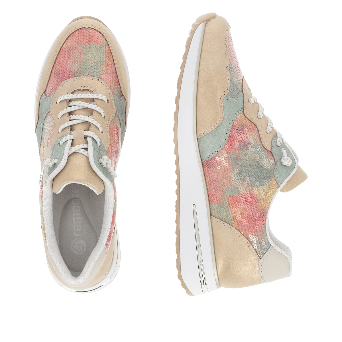 Bunte remonte Damen Sneaker D1G01-90 mit Schnürung sowie bunter Marmorierung. Schuh von oben, liegend.