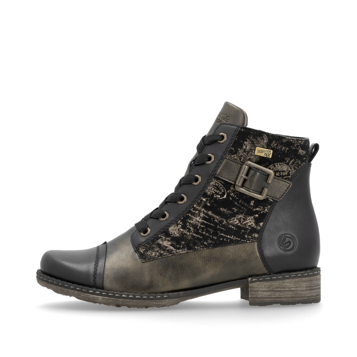 Schwarze remonte Damen Schnürstiefel D4381-03 mit wasserabweisender TEX-Membran. Schuh Außenseite.