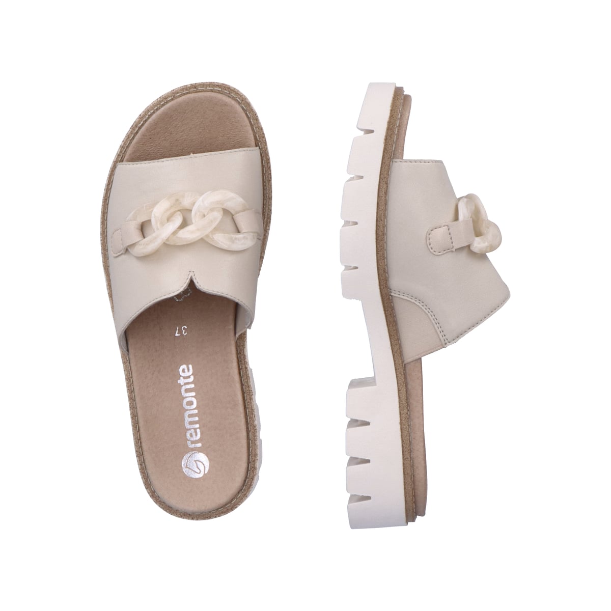 
Cremebeige remonte Damen Pantoletten D7952-60 mit einer leichten und dämpfenden Sohle. Schuhpaar von oben.