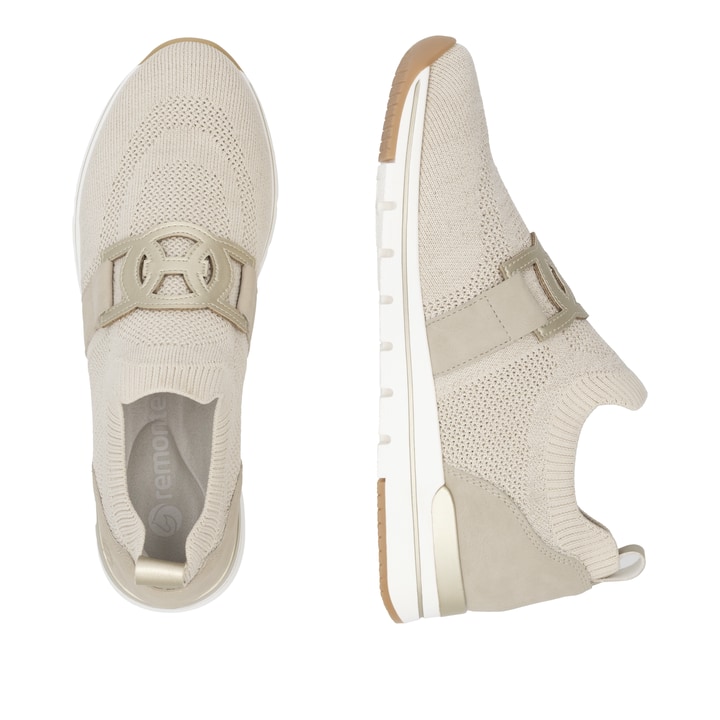 Beige remonte Damen Slipper R6713-60 mit einem Gummizug sowie der Komfortweite G. Schuh von oben, liegend.