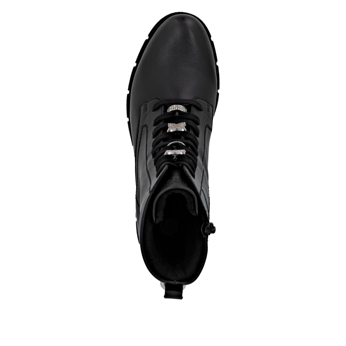 Schwarze remonte Damen Schnürstiefel D2S73-00 mit wasserabweisender TEX-Membran. Schuh von oben.