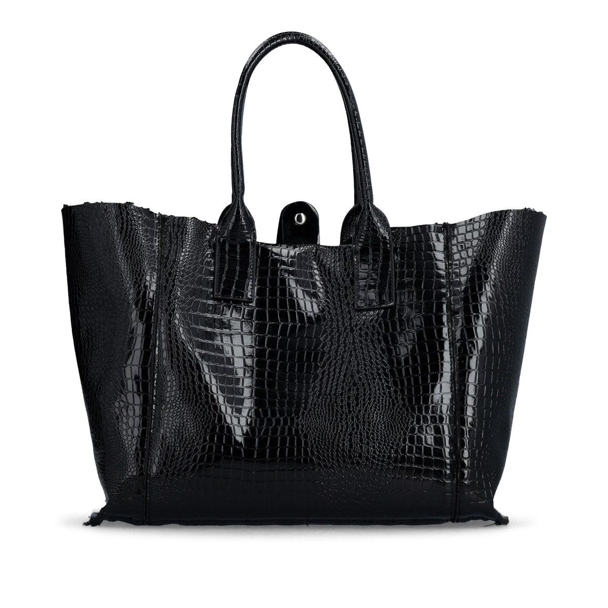 remonte Shopper Q0748-00 in Schwarz mit Wendefunktion, silbernem Logo-Anhänger und geräumigem Hauptfach. Rückseite.