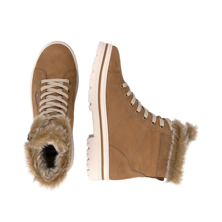 Cognacfarbene remonte Damen Schnürstiefel D2U73-22. Schuh von oben, liegend.