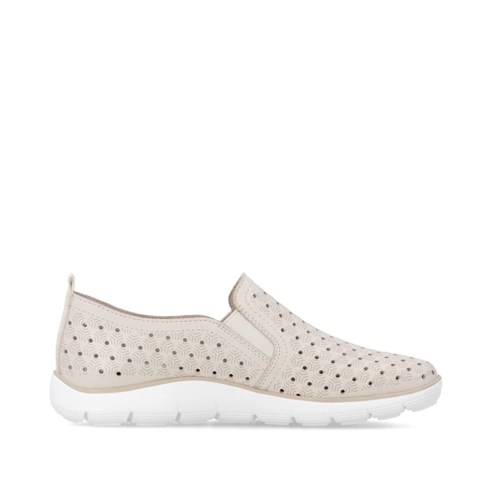 Beige remonte Damen Slipper D3G04-60 mit eleganten Zierlochungen sowie Gummizug. Schuh Innenseite.