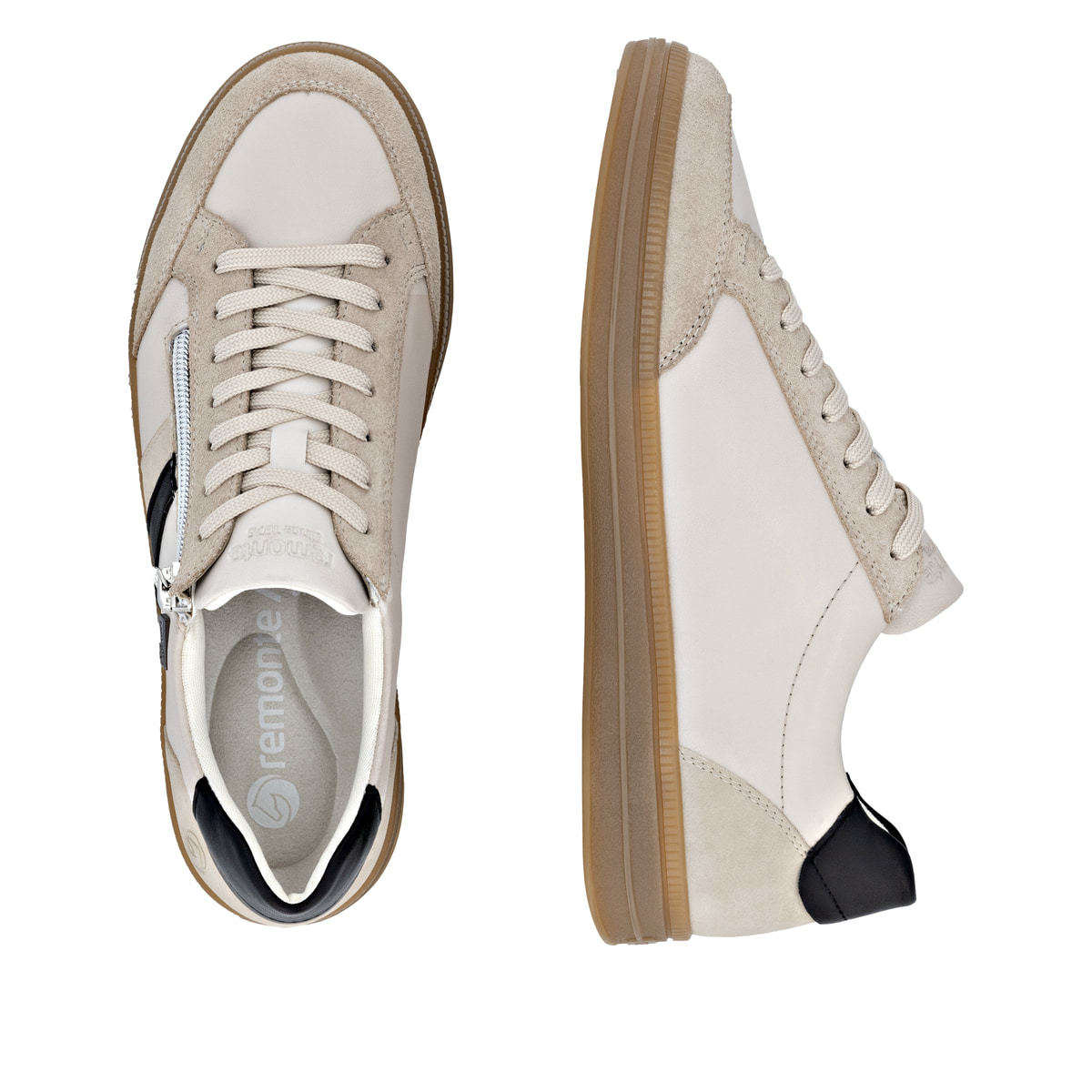 Beige remonte Damen Sneaker D2C04-62 mit wasserabweisender remonteTEX-Membran. Schuh von oben, liegend.
