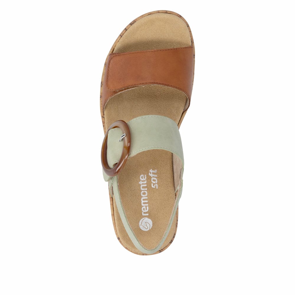 Braungrüne remonte Riemchensandalen R6853-24 mit trendiger Schnalle. Schuh von oben.