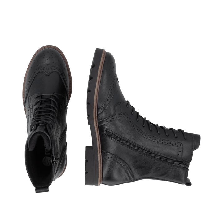 Schwarze remonte Damen Schnürstiefel D2Q73-00 mit einem Reißverschluss. Schuh von oben, liegend.