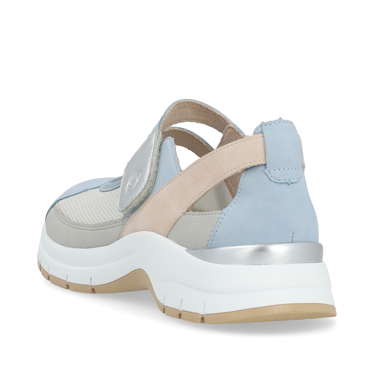 Blaue remonte Ballerinas D0G08-10 mit einem Klettverschluss sowie Extraweite H. Schuh von hinten.