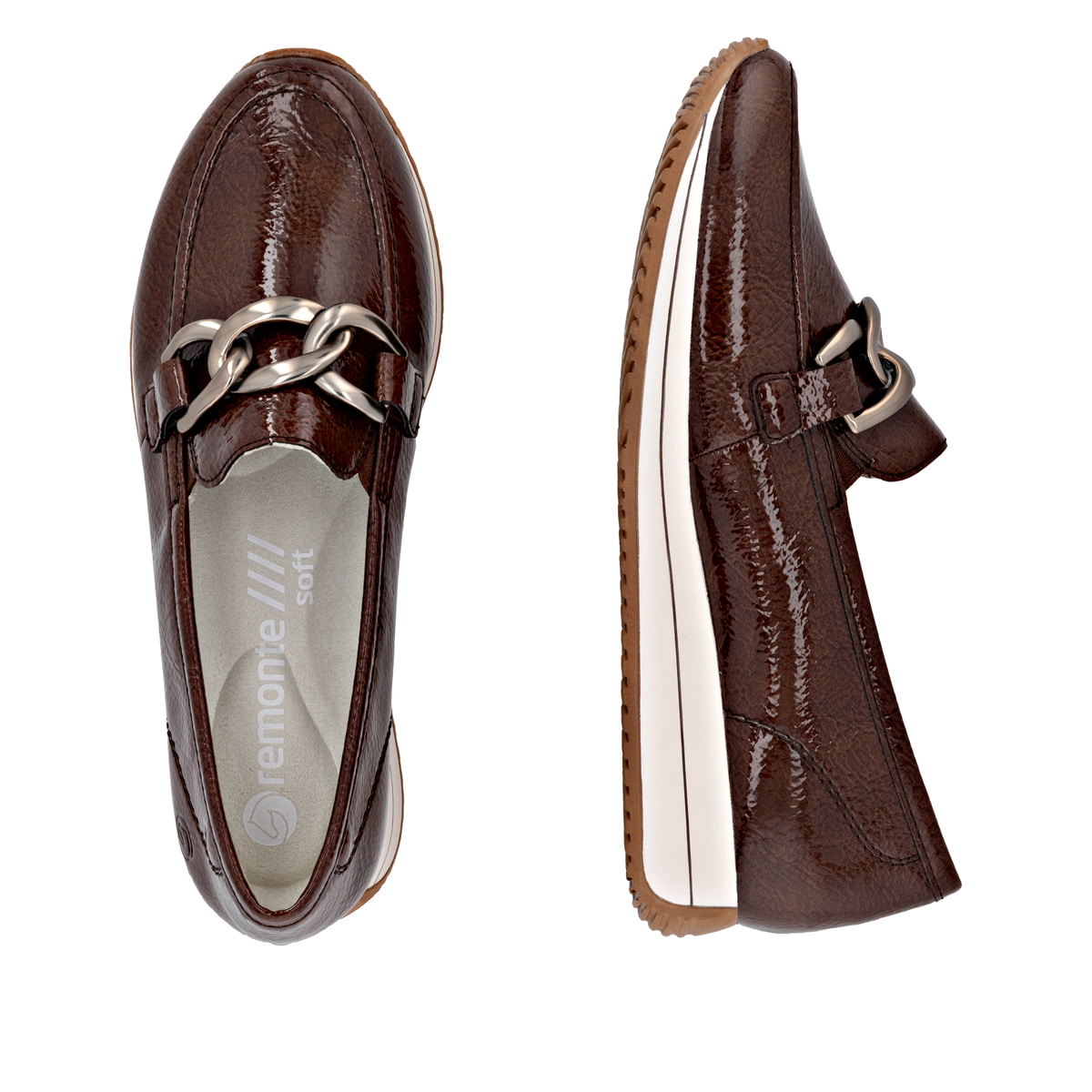 Braune remonte Damen Loafer D0H15-25 mit Deko-Kette sowie einem Gummizug. Schuh von oben, liegend.