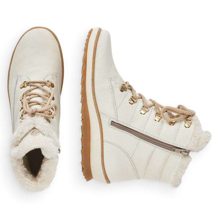 Weiße remonte Damen Schnürstiefel R8480-80 mit wasserabweisender TEX-Membran. Schuh von oben, liegend.