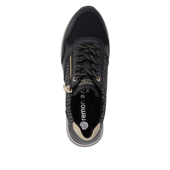 Vegane, schwarze remonte Damen Sneaker D1G08-07 mit goldenen Details. Schuh von oben.