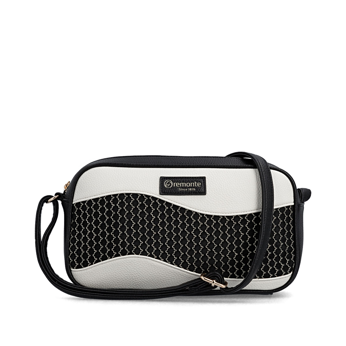 Sac à main remonte Q0668-01 noir avec détails dorés et fermeture éclair. Devant.