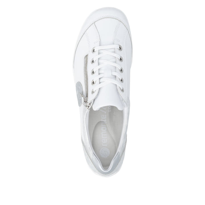 Weißsilberne vegane remonte Damen Schnürschuhe R3408-82 mit einem Reißverschluss. Schuh von oben.