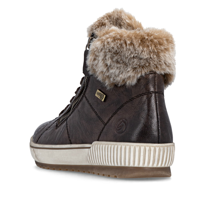 Braune remonte Damen Schnürstiefel D0780-25 mit wasserabweisender TEX-Membran. Schuh von hinten.