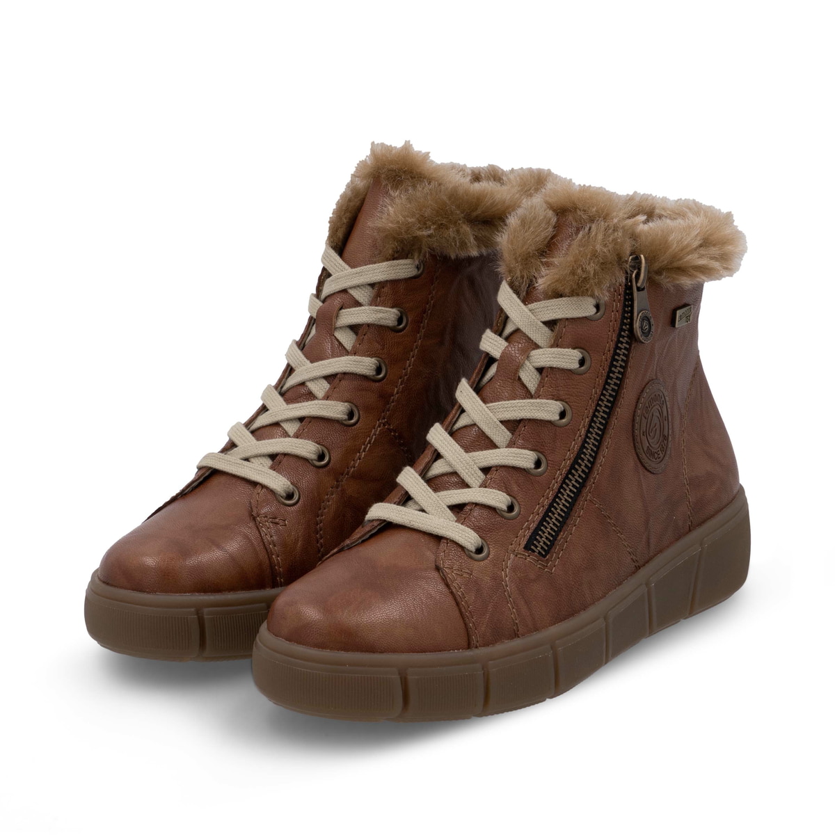 Braune remonte Damen Schnürstiefel D1T72-22 mit wasserabweisender TEX-Membran. Schuhpaar seitlich schräg.