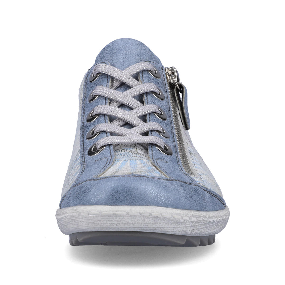 Himmelblaue remonte Damen Schnürschuhe R1402-11 mit Reißverschluss. Schuh von vorne.