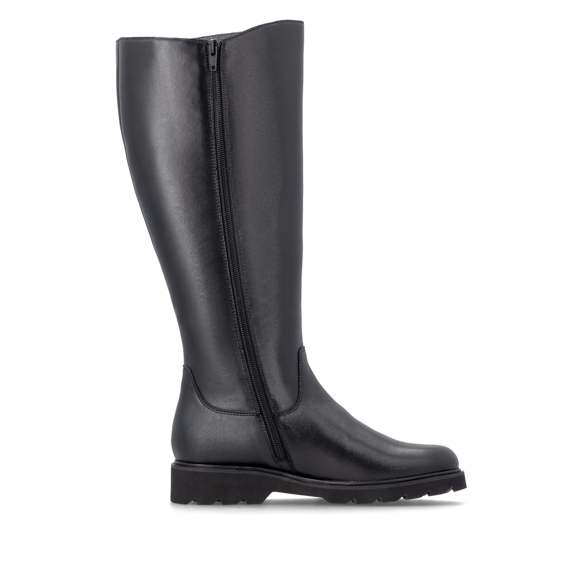Schwarze remonte Hochschaftstiefel D3S74-00 mit einem Reißverschluss. Schuh Innenseite.
