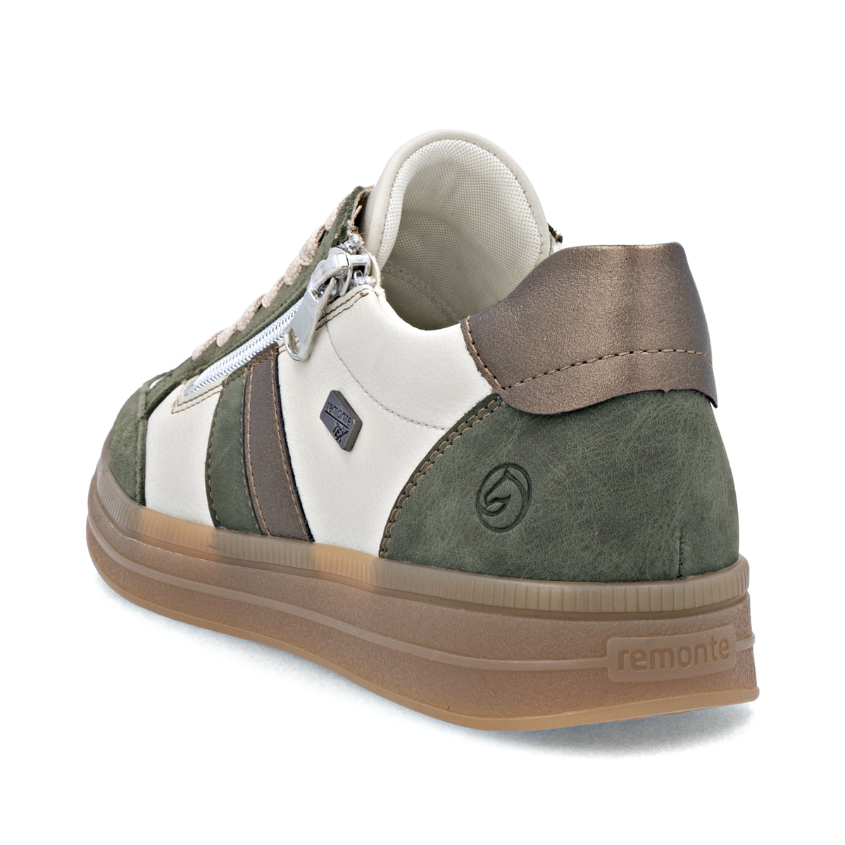 Beige remonte Damen Sneaker D2C04-60 mit wasserabweisender remonteTEX-Membran. Schuh von hinten.