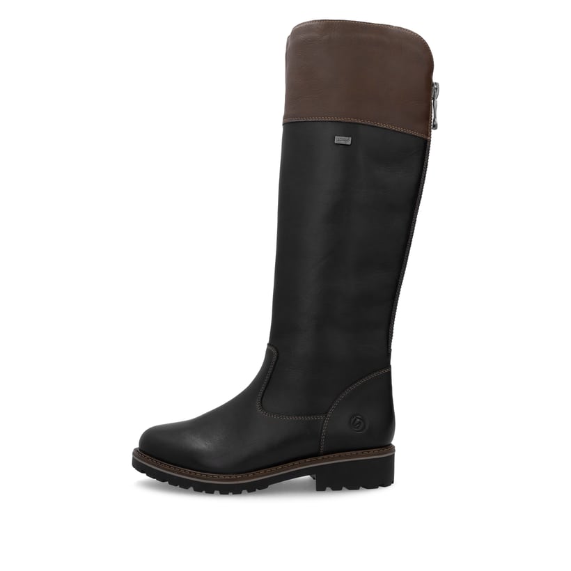 Nachtschwarze remonte Damen Hochschaftstiefel R6581-02 mit einer Profilsohle. Schuh Außenseite