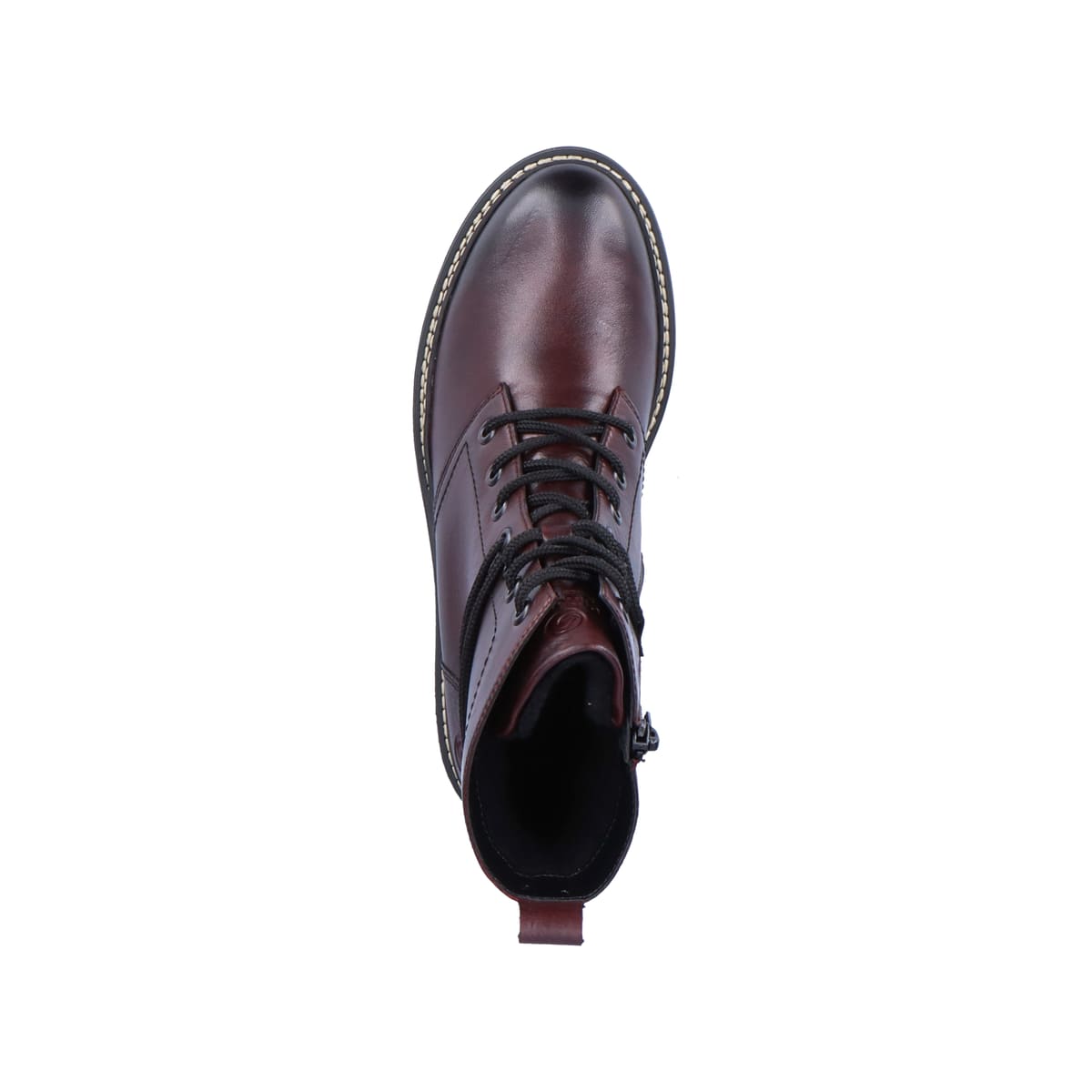 Weinrote remonte Damen Biker Boots D0B75-35 mit einer dämpfenden Profilsohle. Schuh von oben