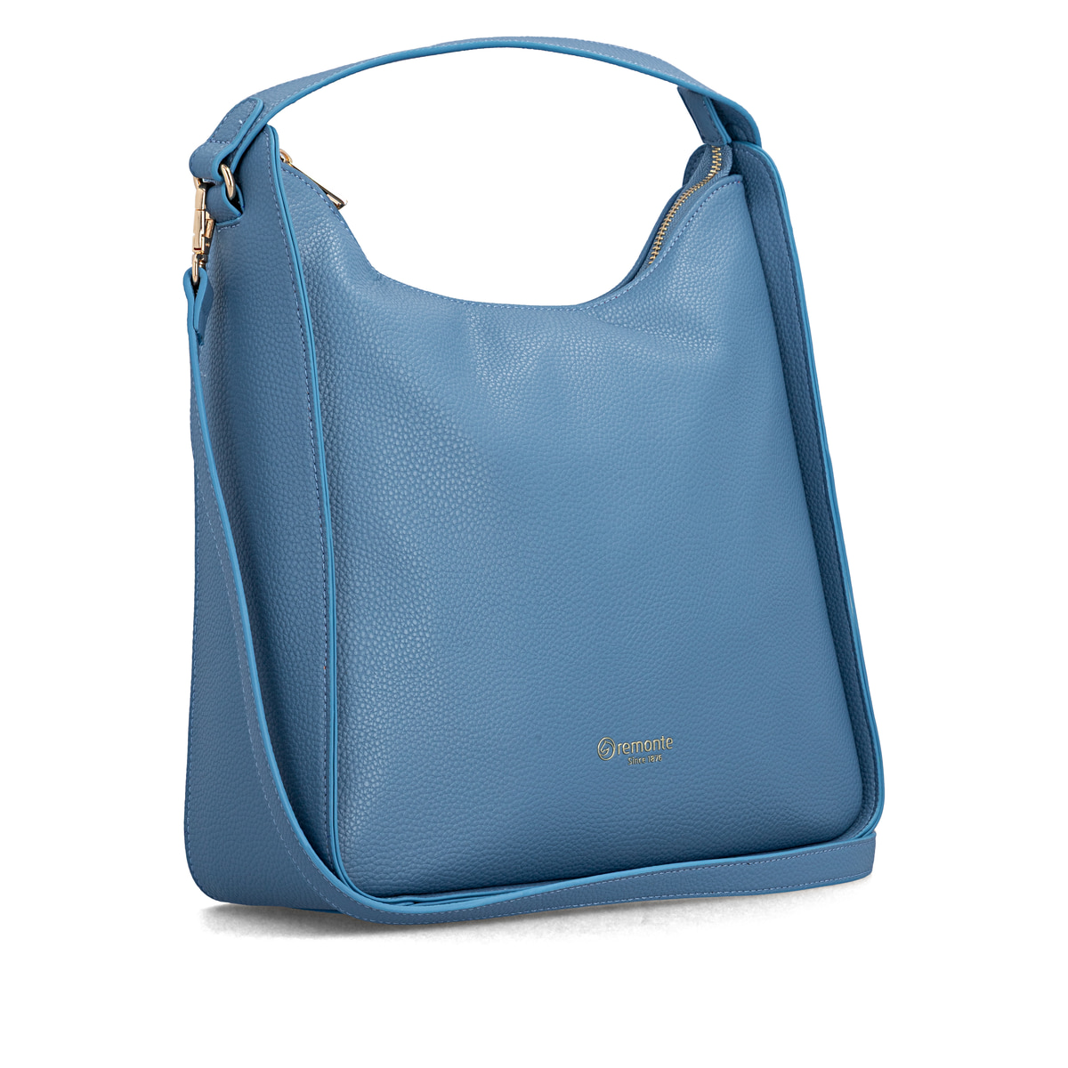 Sac à main remonte Q0730-14 bleu avec détails dorés et fermeture éclair. Côté gauche.