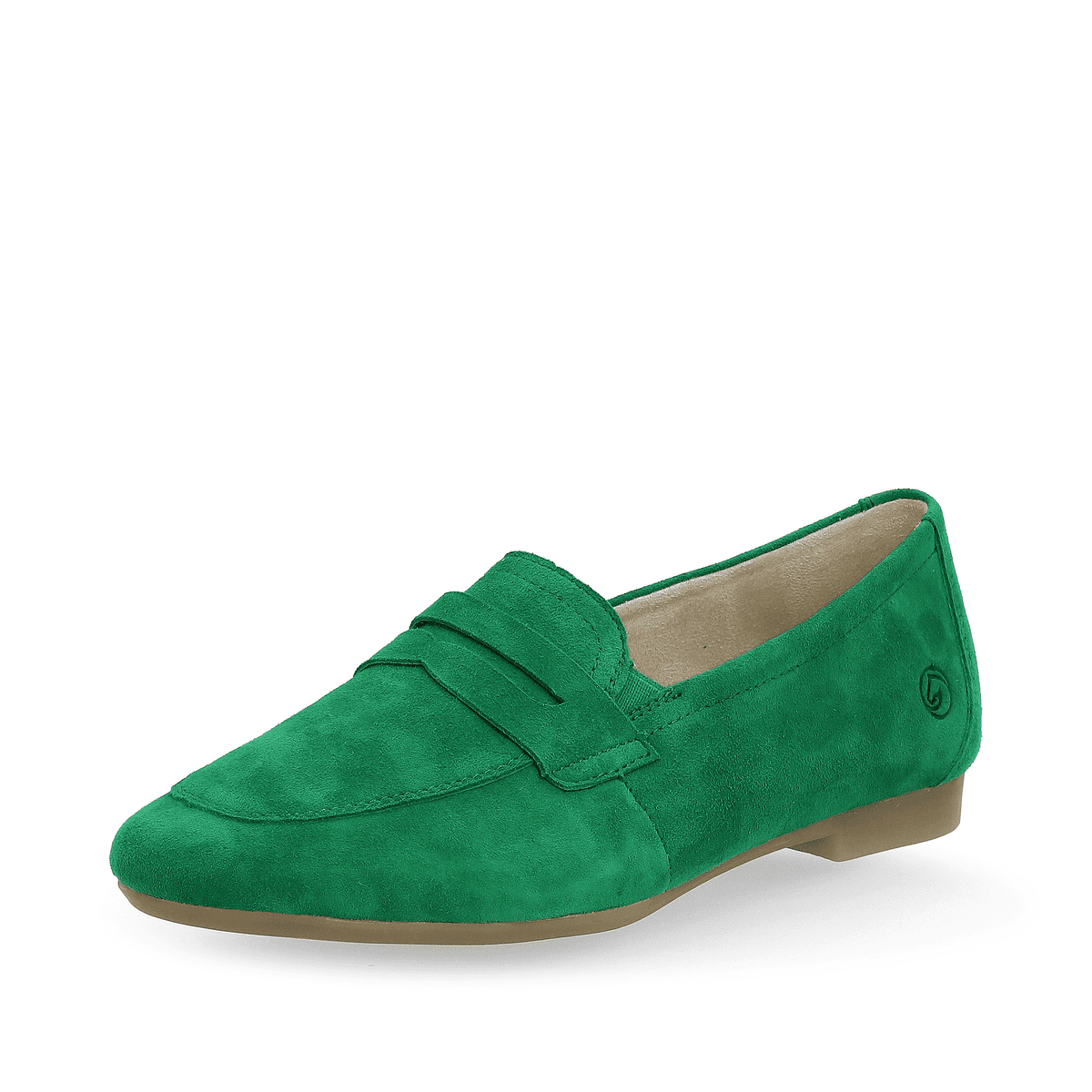 Smaragdgrüne remonte Damen Loafer D0K02-52 mit einem Elastikeinsatz. Schuh seitlich schräg.