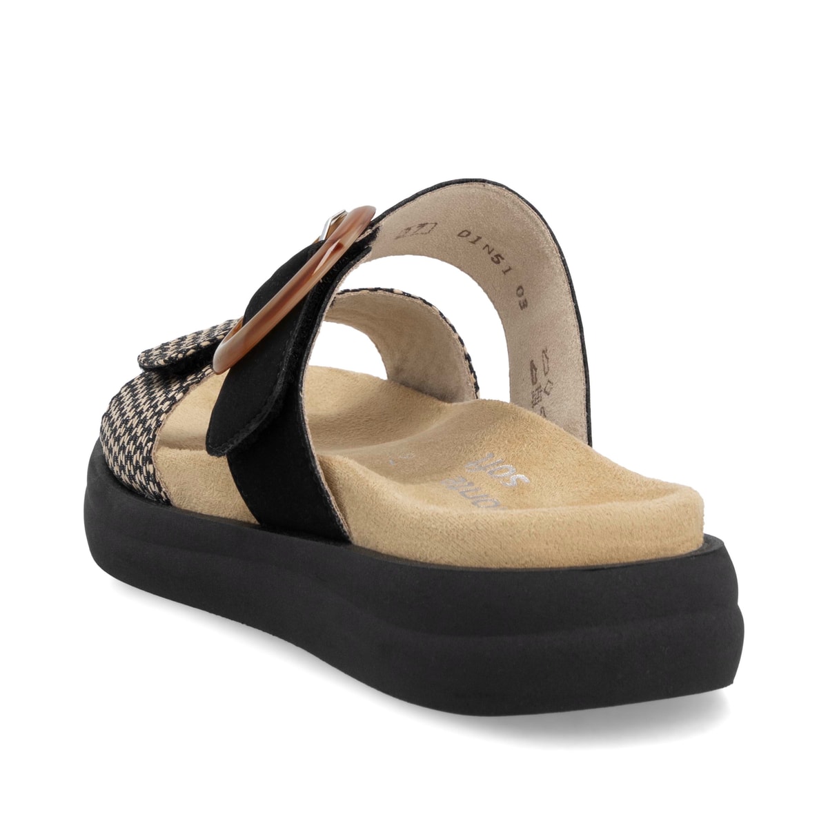 Schwarze remonte Damen Pantoletten D2N51-03 mit einem Klettverschluss. Schuh von hinten.