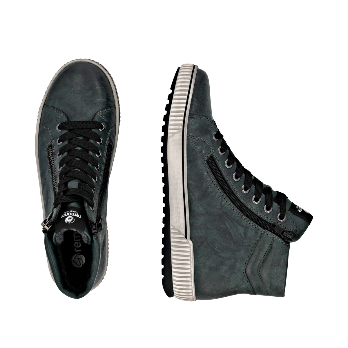 Olivgrüne remonte Damen Schnürstiefel D0772-54 mit wasserabweisender TEX-Membran. Schuh von oben, liegend.