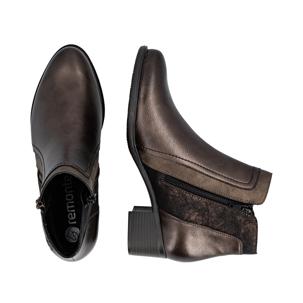 Bronzefarbene remonte Damen Stiefeletten R5172-90 mit einem Reißverschluss. Schuh von oben, liegend.