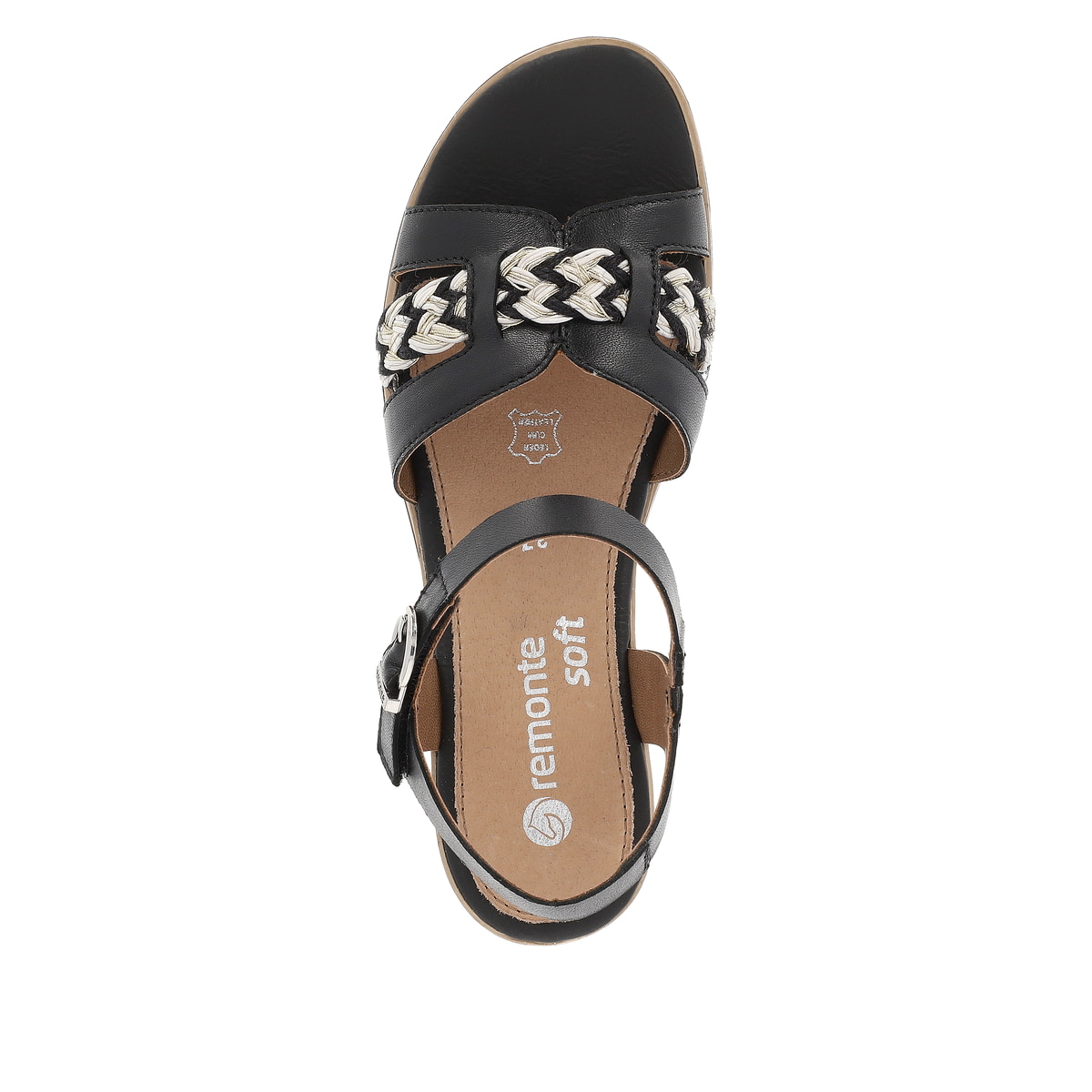 Schwarze remonte Keilsandaletten D6461-02 mit einem Klettverschluss. Schuh von oben.