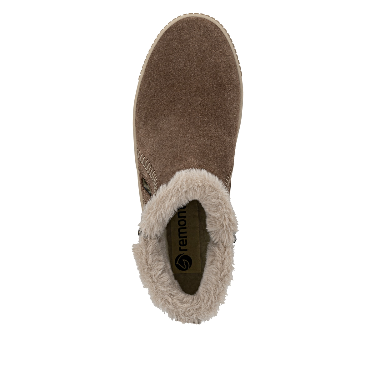 Braunbeige remonte Damen Kurzstiefel D3B70-20 mit weißer Zickzack-Naht. Schuh von oben.