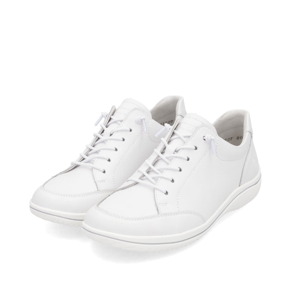 Weiße remonte Damen Schnürschuhe D1E07-80 mit der Komfortweite G. Schuhpaar seitlich schräg.
