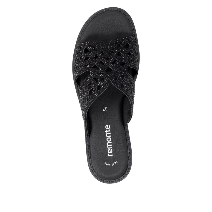 Mules remonte noires vegan pour femme D3647-00 avec bande élastique. Chaussure vue de dessus.